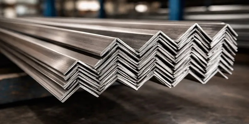 انبوهی از نبشی‌ های استیل در کارخانه فولادی