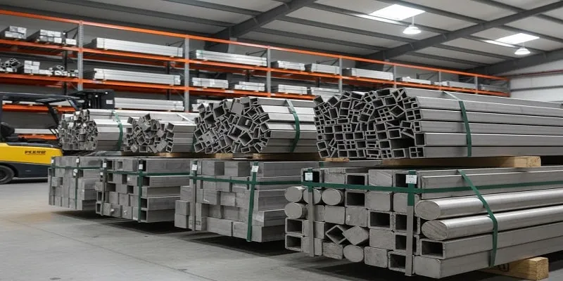 نمایی از پروفیل های استیل دکوراتیو در انبار فولادی
