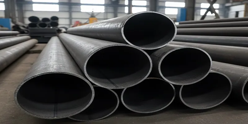 نمایی از لوله آهنی سیاه در کارخانه فولادی
